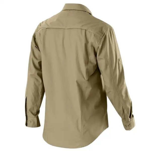 Men's khaki work shirt adjustable sleeves vents on back yoke