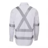 white long sleeve shirt with X shape reflective tapes on back