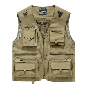 Fishing vest has 6 multi zipper pockets and hooks