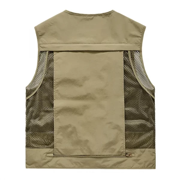 Fishing vest has vest underarm and back zip pocket