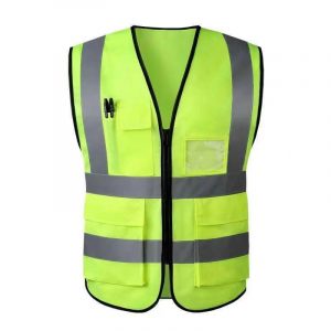 hi-vis yellow safety vest has black zipper and binding clear pocket