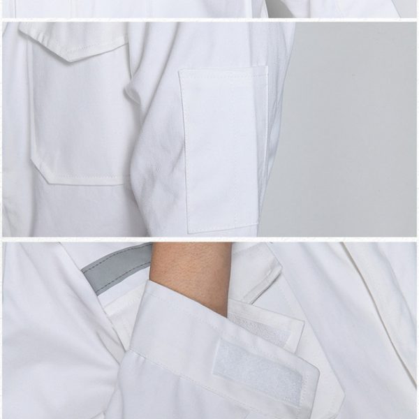 white FR coverall has sleeve pocket and adustable cuff by velcro
