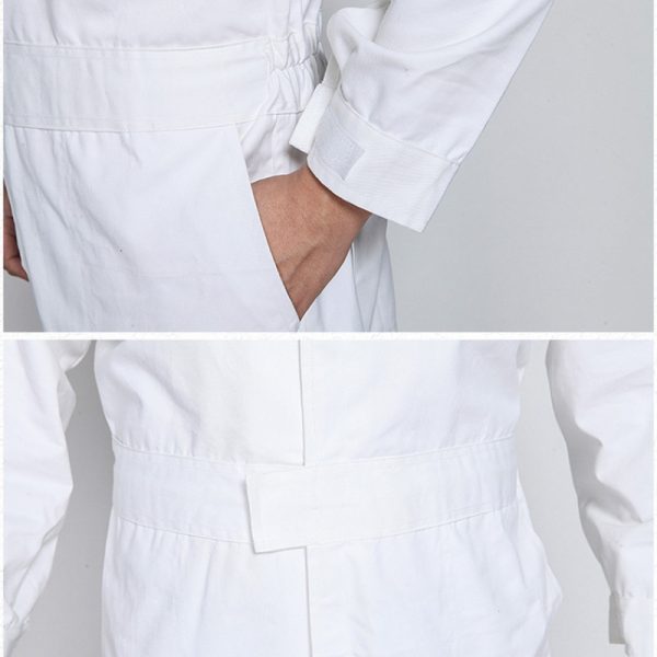 white FR coverall has adjustable waistband and front pockets