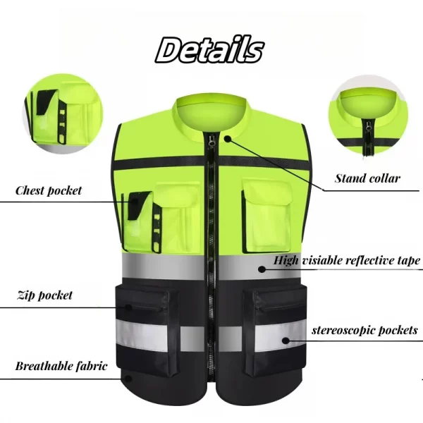 traffic safety vest has stand collar and zipper pockets